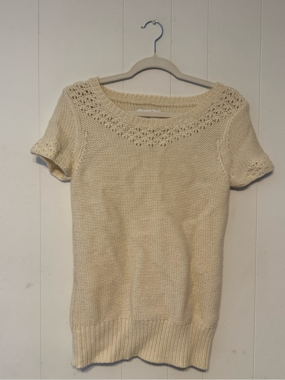 American Eagle Outfitters Cream Knit Short-Sleeve Sweater with Lace Yoke